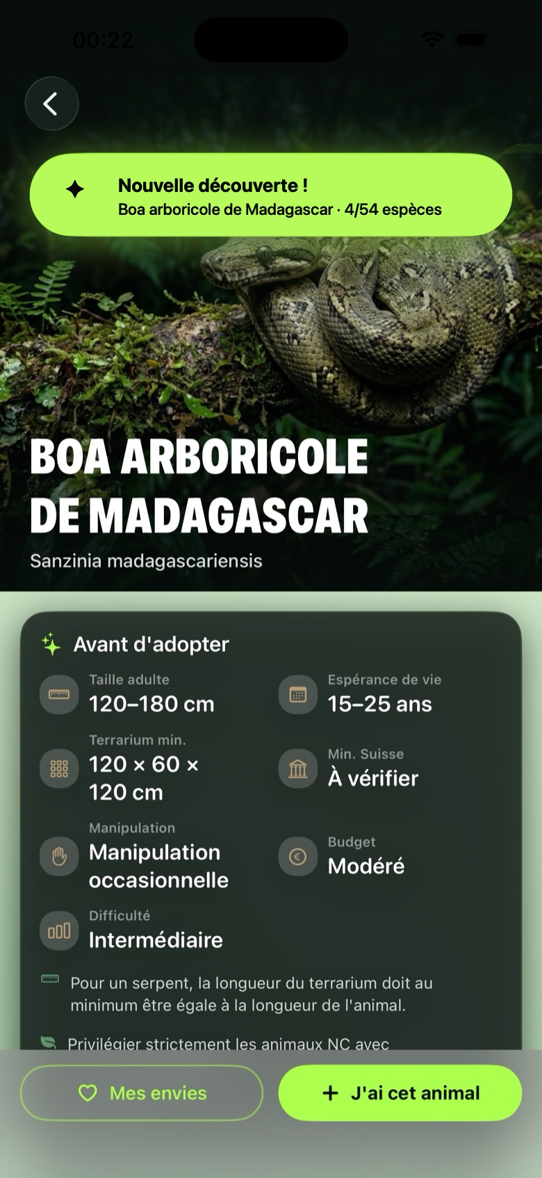 Fiche d’espèce et repères de soin dans TerraTrack.