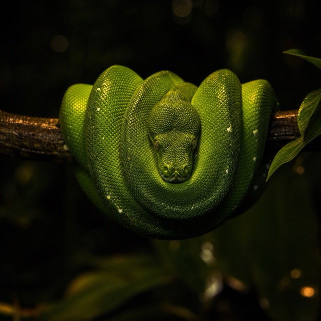 Un python vert lové sur sa branche.